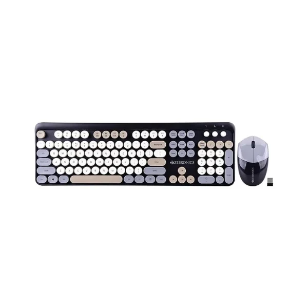 ZEBRONICS Newly launched Companion 301 2.4GHz Wireless Keyboard & Mouse Combo with UV Printed, Retro Style Keys, 104 + 12 Integrated Multimedia Keys, 1600 DPI, High Precision (Black + Grey)