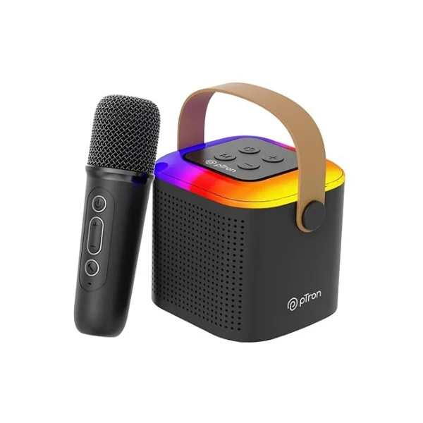 pTron Newly Launched Fusion Tunes 10W Mini Bluetooth Speaker with Wireless Karaoke Mic, 8Hrs Playtime, Vivid RGB Lights, Voice Effects, Multi-Play Modes BT5.1/TF Card & Type-C Charging Port (Black)